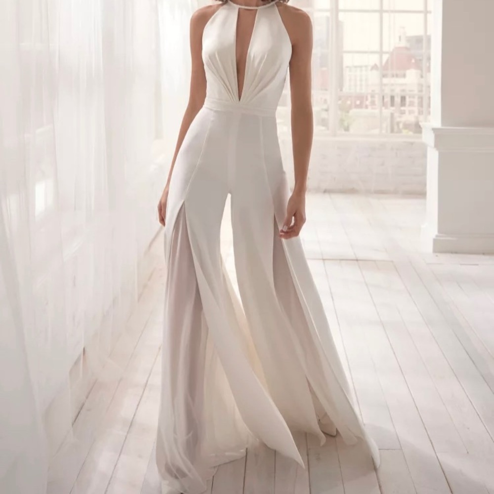 White sheer legs Deep V halterneck jumpsuit for party wedding babe shower date